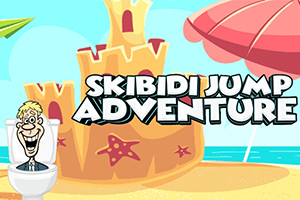 Un castel de nisip pe o plajă, cu un om desenat în stil caricatural într-o toaletă și textul Skibidi Jump Adventure