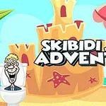 Un castel de nisip pe o plajă, cu un om desenat în stil caricatural într-o toaletă și textul Skibidi Jump Adventure