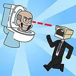 Două personaje îmbrăcate în costume negre cu capete de carton alergând spre un cap de om într-o toaletă, care emite raze laser roșii din ochi