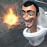 Un personaj caricatural cu cap mare iese dintr-o toaletă plasată pe o stradă cu explozii în fundal