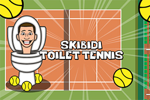 O persoană desenată stilizat într-un costum de toaletă cu mingi de tenis în jur, pe un teren de tenis, cu textul Skibidi Toilet Tennis