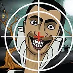 Un bărbat zâmbitor desenat în stil caricatural, cu o țintă plasată pe fața sa, pe un fundal de noapte cu case bântuite și copaci fără frunze