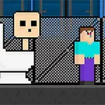 Personaje stil pixeli lângă un WC, un bărbat cu tricou albastru și o figură în negru cu cap violet