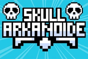 Textul Skull Arkanoide cu design pixelat, însoțit de două cranii stilizate, pe un fundal albastru luminos