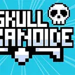 Textul Skull Arkanoide cu design pixelat, însoțit de două cranii stilizate, pe un fundal albastru luminos