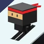 Un personaj stilizat de ninja cu bandă roșie, văzut în perspectivă, alunecând pe schiuri negre pe un fundal înclinat