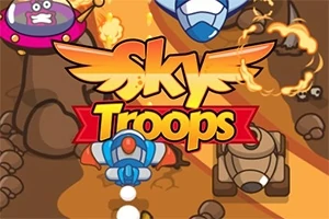 Ilustrație cu nave spațiale colorate și tancuri pe un fundal maroniu, cu textul Sky Troops în centru