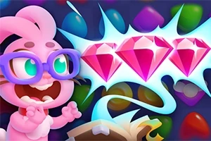 Personaj roz animat cu ochelari lângă trei diamante roz strălucitoare pe fundal colorat