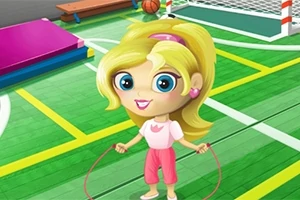 Personaj animat cu ochi mari și păr blond sărind coarda într-o sală de sport