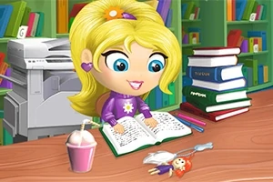 Fată animată cu păr blond citind o carte la o masă, înconjurată de cărți, creioane colorate și o băutură, într-o bibliotecă