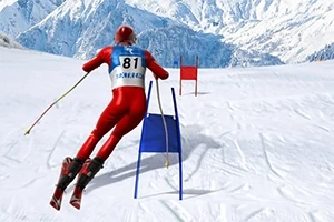 Un schior în costum roșu, cu numărul 81, alunecă pe o pantă de zăpadă în slalom printre porți albastre și roșii, într-un peisaj montan înzăpezit