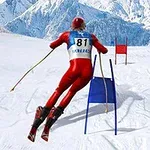 Un schior în costum roșu, cu numărul 81, alunecă pe o pantă de zăpadă în slalom printre porți albastre și roșii, într-un peisaj montan înzăpezit