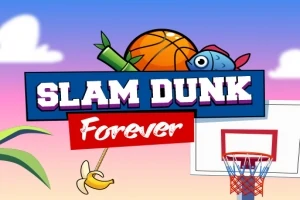 Un panou cu textul Slam Dunk Forever și o minge de baschet pe fundal, cu un coș de baschet și o banană