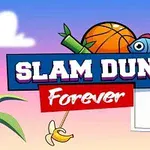 Un panou cu textul Slam Dunk Forever și o minge de baschet pe fundal, cu un coș de baschet și o banană