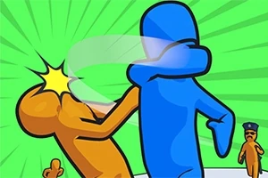 Două personaje stilizate, unul albastru și altul portocaliu, implicate într-o confruntare, cu un fundal verde vibrant