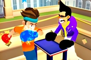 Personaje animate jucând un joc virtual la o masă mică, cu efecte vizuale vibrante și colorate
