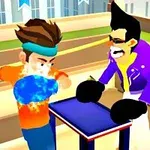Personaje animate jucând un joc virtual la o masă mică, cu efecte vizuale vibrante și colorate