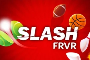 Textul „SLASH FRVR” pe un fundal roșu cu diverse mingi de sport și alte obiecte decorative