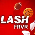 Textul „SLASH FRVR” pe un fundal roșu cu diverse mingi de sport și alte obiecte decorative