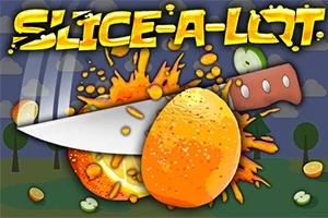 Un cuțit taie o portocală, cu suc și bucăți de fruct zburând în jur, pe un fundal animat cu copaci și nori, având textul SLICE-A-LOT deasupra