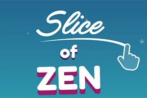 Textul Slice of Zen este afișat pe un fundal albastru, cu o mână stilizată care sugerează un gest de glisare