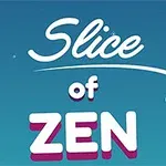 Textul Slice of Zen este afișat pe un fundal albastru, cu o mână stilizată care sugerează un gest de glisare