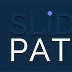 Textul SLIDE PATH pe un fundal albastru închis, cu elemente grafice mici de culoare albastru și roșu