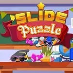 Textul Slide Puzzle deasupra unei mese cu diverse obiecte școlare și decorative, cum ar fi o plantă, o carte, o minge, și o tablă în fundal, într-un mediu colorat
