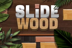 Text 3D „SLIDE WOOD pe fundal de lemn închis, înconjurat de frunze verzi și blocuri din lemn