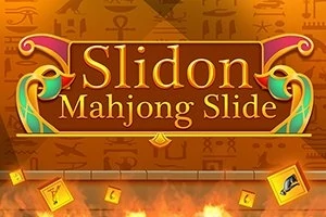 Textul Slidon Mahjong Slide pe un fundal decorat cu simboluri egiptene și piese de joc stilizate