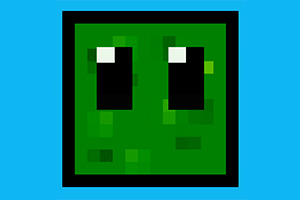 Pătrat verde pixelat cu doi ochi negri și alb pe fundal albastru