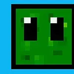 Pătrat verde pixelat cu doi ochi negri și alb pe fundal albastru
