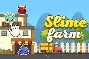 Personaje colorate și o casă într-un peisaj desenat, cu un titlu mare Slime Farm în partea dreaptă a imaginii