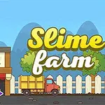 Personaje colorate și o casă într-un peisaj desenat, cu un titlu mare Slime Farm în partea dreaptă a imaginii