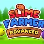 Logo colorat cu textul Slime Farmer Advanced și slime-uri animate pe un fundal de pădure