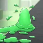O formă de gelatină verde care se topește și stropi pe o suprafață gri