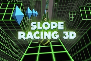 Textul Slope Racing 3D este plasat peste un fundal futurist cu grile verzi și forme geometrice albastre