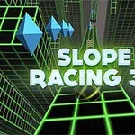 Textul Slope Racing 3D este plasat peste un fundal futurist cu grile verzi și forme geometrice albastre