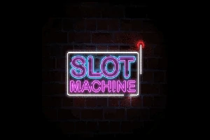 Text neon Slot Machine pe un fundal de cărămidă întunecată