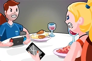 Un bărbat și o femeie desenați stau la o masă cu mâncare și băuturi, având o discuție intensă, fiecare cu un dispozitiv electronic în mână