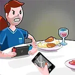 Un bărbat și o femeie desenați stau la o masă cu mâncare și băuturi, având o discuție intensă, fiecare cu un dispozitiv electronic în mână