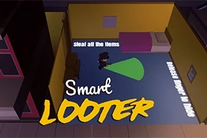 Persoană într-o cameră luminată parțial, cu pereți galbeni, cu titlul Smart Looter afișat deasupra