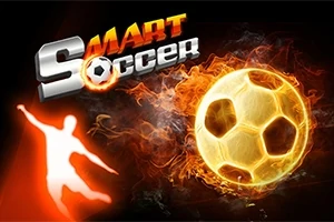 Un jucător de fotbal stilizat, lângă o minge de fotbal în flăcări, cu textul Smart Soccer deasupra