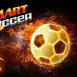 Un jucător de fotbal stilizat, lângă o minge de fotbal în flăcări, cu textul Smart Soccer deasupra