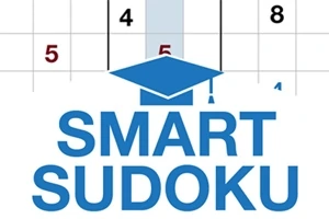 Textul SMART SUDOKU cu un design al unei pălării de absolvire deasupra și fragmente de numere într-o grilă de fundal