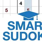 Textul SMART SUDOKU cu un design al unei pălării de absolvire deasupra și fragmente de numere într-o grilă de fundal