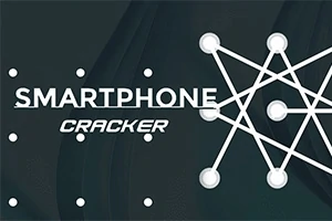Textul „Smartphone Cracker” alb pe un fundal întunecat, alături de un model geometric de linii albe și puncte