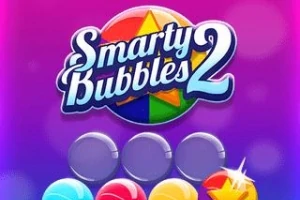 Un fundal violet cu un logo colorat „Smarty Bubbles 2” și bile colorate așezate dedesubt