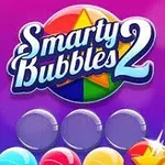 Un fundal violet cu un logo colorat „Smarty Bubbles 2” și bile colorate așezate dedesubt