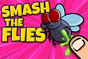 Text colorat SMASH THE FLIES și o muscă mare, cu aripi albastre și ochi roșii, lângă un deget ce pare să o lovească, pe un fundal roz vibrant